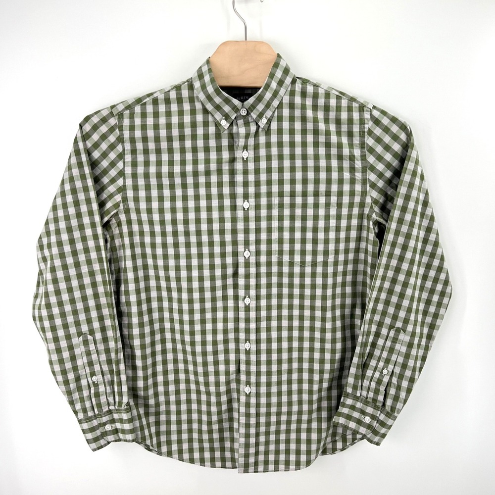 J.Crew Flex Gingham Button Down Shirt Size M Cotton Stretch Green White Preppy